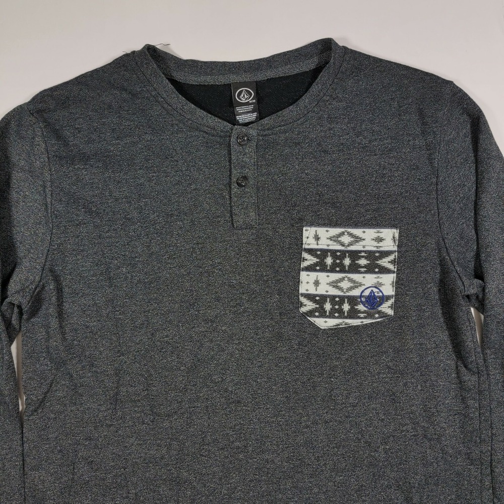 Volcom Thin Long Sleeve Henley Sweater - Grey - Tribal Chest Pocket - Medium - Picture 2 of 11